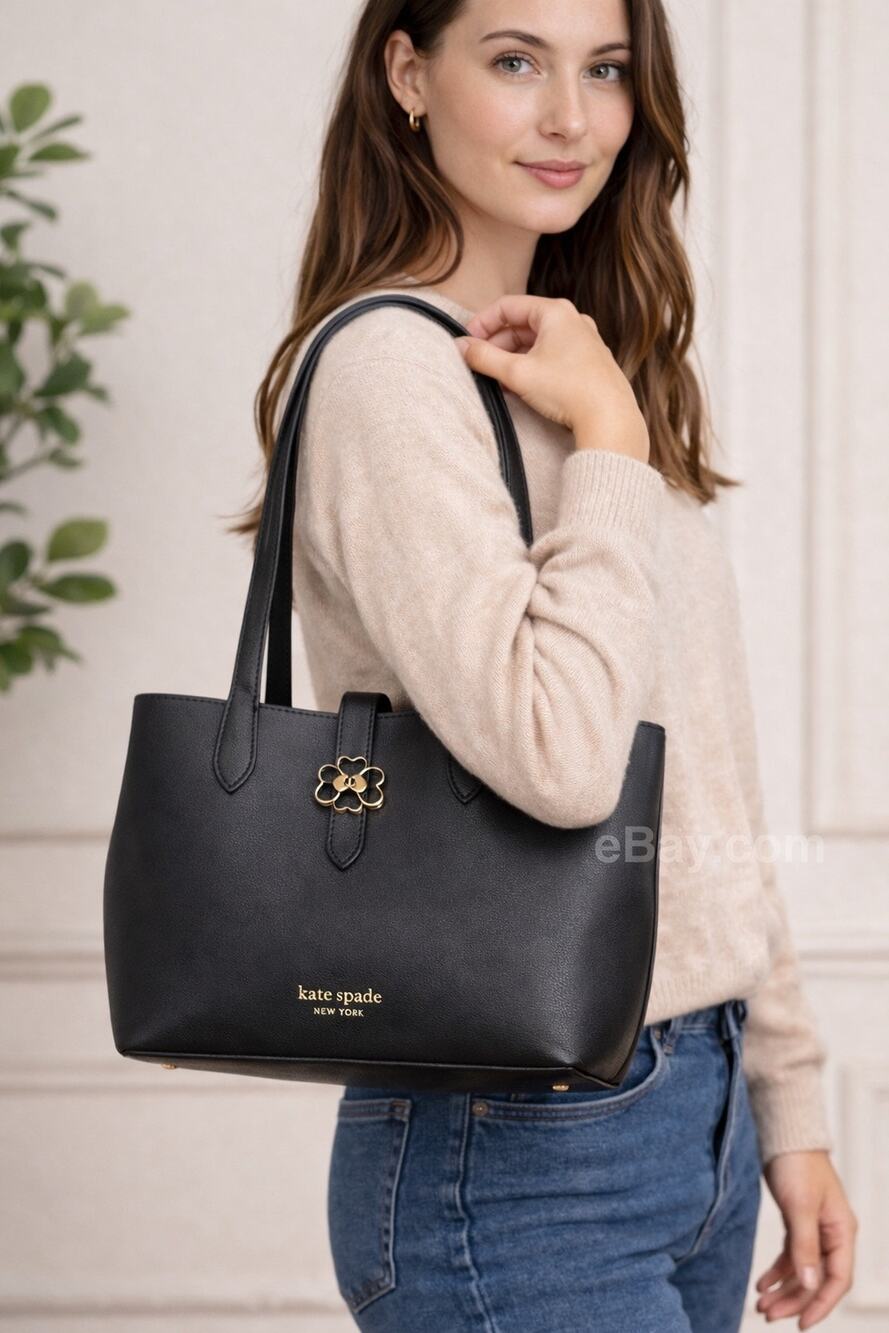 Kate Spade New York Black Leather Tote Shoulder Bag Pink Interior